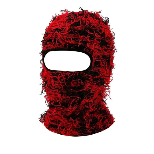 Black Red Distressed Knit Balaclava