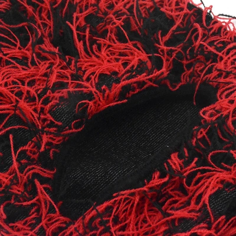 Black Red Distressed Knit Balaclava