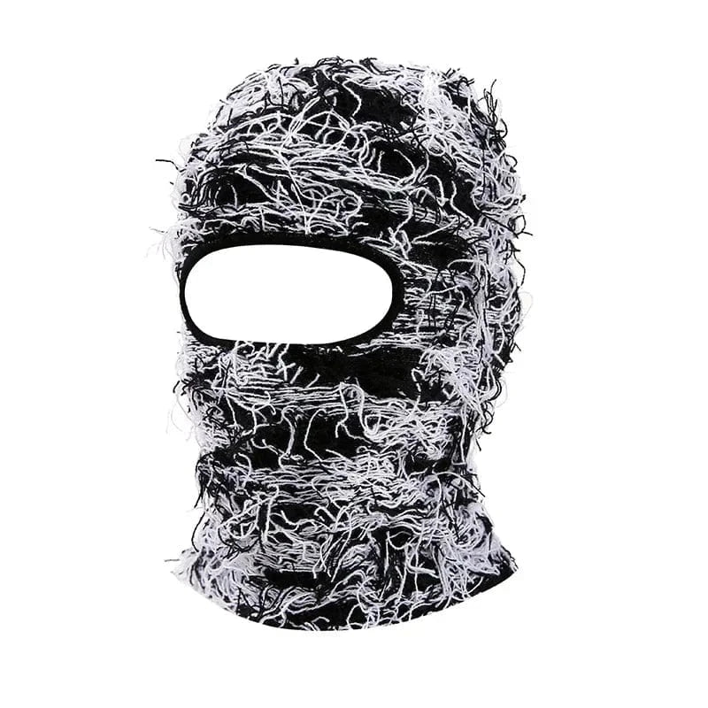 Black White Distressed Knit Ski Balaclava