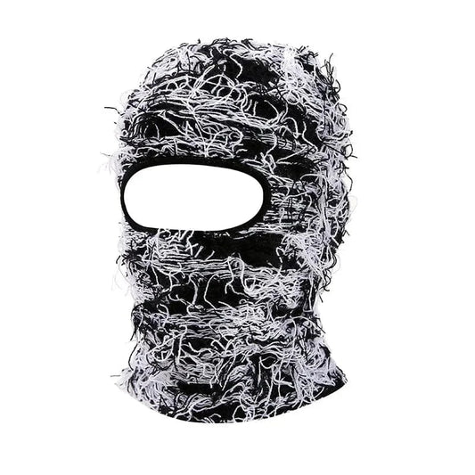 Black White Distressed Knit Ski Balaclava