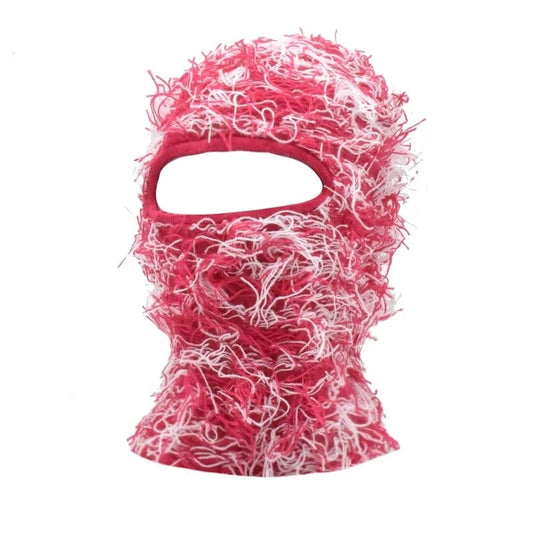 Pink Red Distressed Knit Ski Balaclava