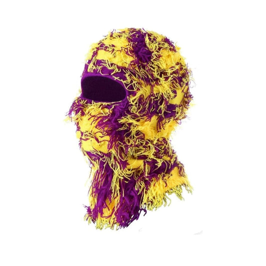 Purple and Yellow Distressed Knit Ski Balaclava